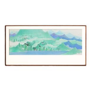 李旭青绿山水墨画山峰彩色横版床头沙发客厅书房装饰画新中式挂画