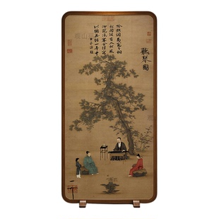 宋画听琴图座屏实木单扇屏风中式古风松下抚琴书房布艺入户隔断