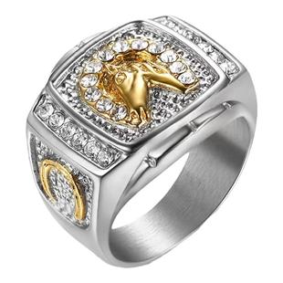 YUSTUDIO欧美说唱hiphop嘻哈金色马头镶钻钛钢戒指男士复古手指环