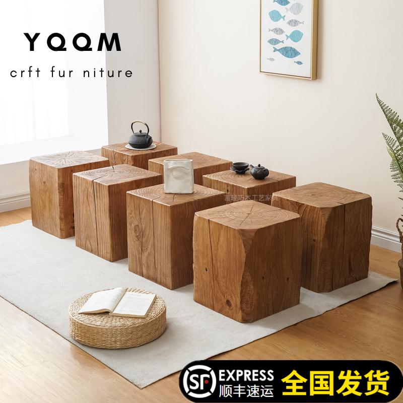 原木侘寂中古方形复古深纹茶几玄关民宿酒店花架根雕矮凳树桩墩子