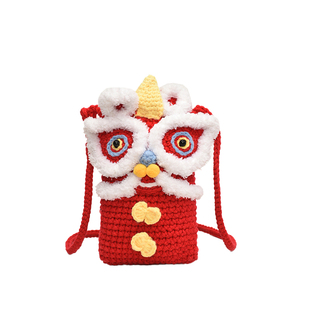 新年儿童迷你小包女2026新款红色宝宝拜年包包针织老虎头醒狮包