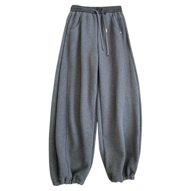 韩版直筒休闲加绒束脚卫裤女2025冬季新款时尚百搭简约纯色阔腿裤