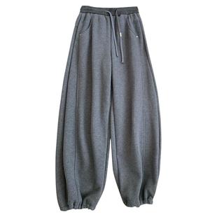 韩版直筒休闲加绒束脚卫裤女2025冬季新款时尚百搭简约纯色阔腿裤