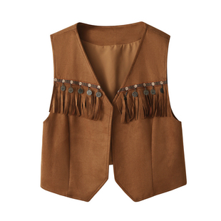 波西米亚民族风流苏马甲外套女秋季复古麂皮绒无袖坎肩短款背心潮