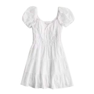 法式初恋方领泡泡袖仙女小白裙2025夏季新款清纯少女收腰显瘦短裙