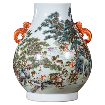 宁封窑景德镇陶瓷手绘百鹿尊花瓶