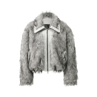 GLACIERBOY|鳄鱼压纹渐变长毛皮草真皮拼皮银灰狼毛廓形毛毛外套