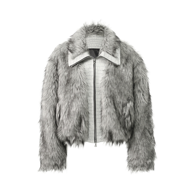 银灰渐变鳄鱼纹狼毛短款皮草外套