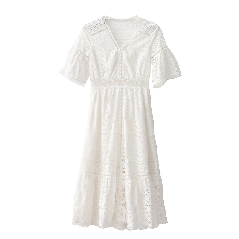 创宙 VIMI白色夏季精品女装新款原创时尚优雅勾花镂空荷叶边收腰连衣裙