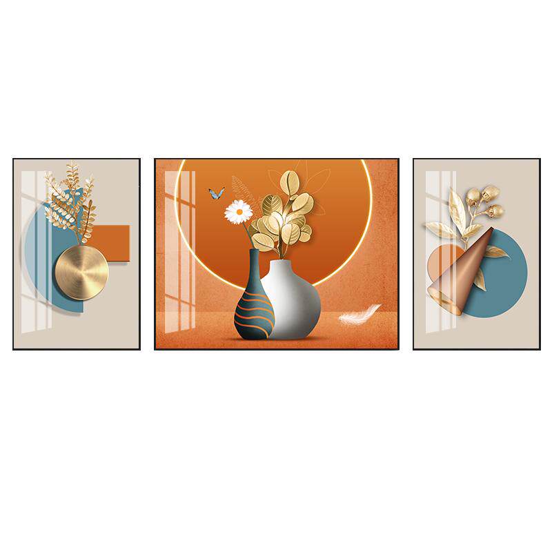 现代轻奢客厅装饰画花瓶高档三联