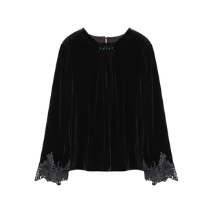 萧娘【砚风】真丝植绒上衣圆领长袖百搭套头桑蚕丝新中式上衣5799