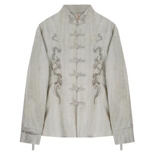 半闲集＜瑞霭＞新中式刺绣衬衫国风男装春秋棉麻上衣立领长袖衬衣