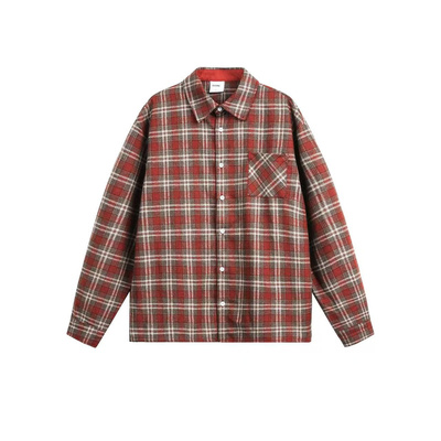 咕噜喔 秋季新品厚款衬衣男女宽松休闲上衣复古暗红格子磨毛衬衫