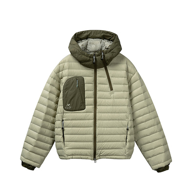 复古风连帽羽绒服男户外运动撞色口袋宽松保暖外套2025排骨绿色