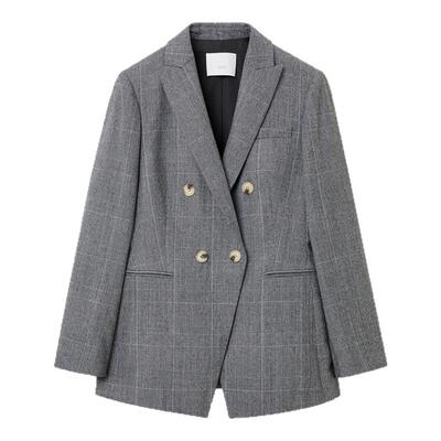 OVV秋冬女装双排扣戗驳领格纹设计休闲西服外套GWXAJ34109A