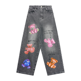 [周深同款] LALABOBO QQ熊印花牛仔裤26年春新高级感直筒百搭裤子