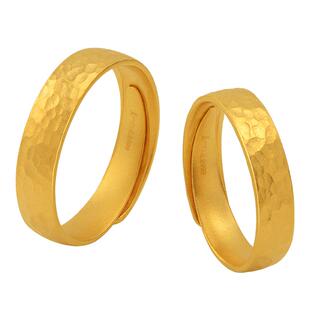 亚一足金黄金古法复古敲打锤纹对戒素圈活口戒指三金锤纹情侣结婚