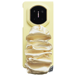 轻调 ins日韩高级肤感淡黄色褶皱丝巾腕带适用于华为Mate X7典藏版手机壳新款折叠屏X6/X5/X3全包翻盖防摔套