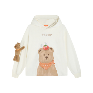 NOISY TEDDY 26春季新款可爱立体熊水彩印花儿童连帽套头长袖卫衣