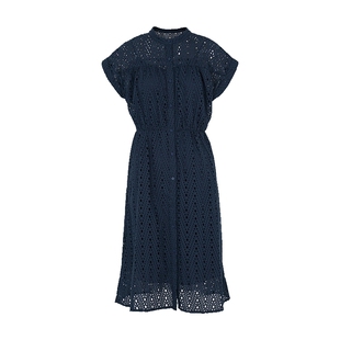 马天奴女装春夏新款蓝色100%棉镂空短袖连衣裙收腰简约长裙裙子