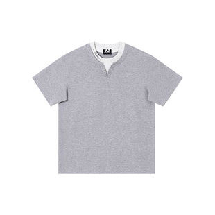 FORNINES刺绣假两件华夫格短袖T恤男女潮牌情侣重磅上衣夏季半袖