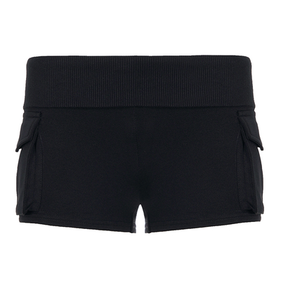 WEEKEEP 黑色简约基础翻腰立体口袋低腰短裤女百搭紧身包臀休闲裤