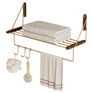 创意浴巾架免打孔卫生间毛巾杆置物架一体实木轻奢挂壁式厕所收纳