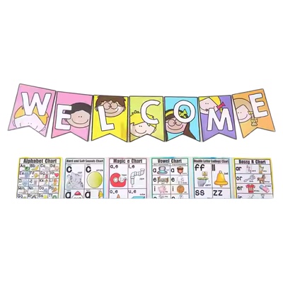 Banner鱼尾welcome彩旗横幅大字标题幼儿园早教中心墙面装饰海报