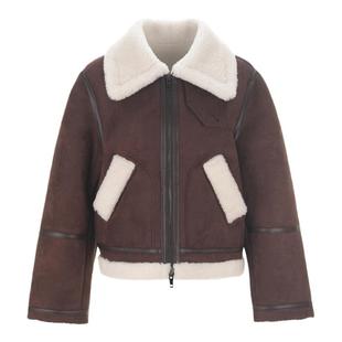 wana try棕色拼皮巴恩风环保皮毛一体外套冬季限定韩系时髦外套女