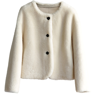 2025年澳洲美利奴羊毛外套短款圆领皮毛一体皮草大衣时尚女式秋冬