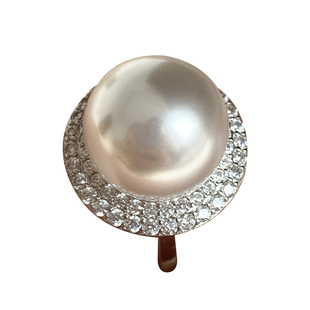 鸽子蛋大澳白珍珠戒指小众设计轻奢满环钻s925纯银开口指环大灯泡