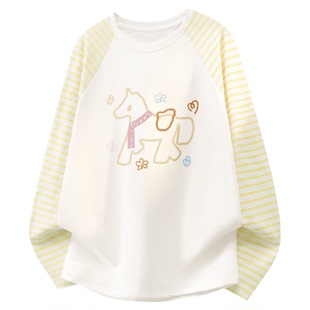 名创优品黄色长袖t恤女2026新款春装女士罩衫春天莱赛尔条纹上衣D