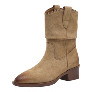 15mins棕色褶皱短靴子女款2026新款爆款超火小短靴复古尖头骑士靴