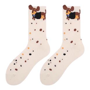 可爱翻口小狗袜子女中筒腊肠狗韩系新款ins日系棉质卡通学院堆堆