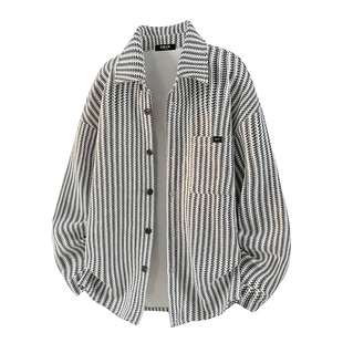 it：fivecm小香风鱼骨纹长袖衬衫男春季潮牌美式宽松休闲衬衣外套