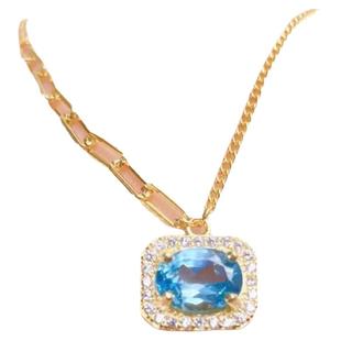 托帕石吊坠925银镶嵌天然托帕石项链瑞士蓝主石6*8戒面时尚大方