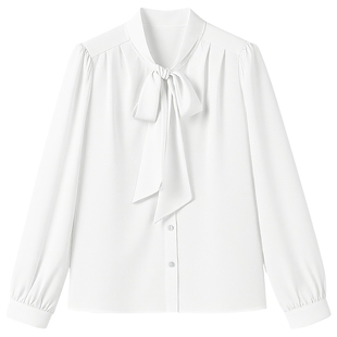 秋水伊人简约优雅飘带泡泡袖上衣2026年春季新款通勤宽松短款衬衫