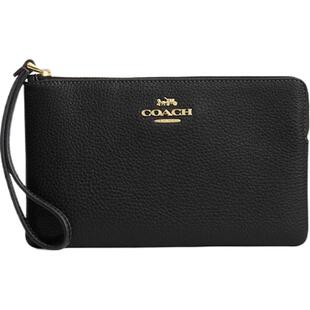 【新款】COACH/蔻驰奥莱女士黑色牛皮革大号角拉链腕包手拿包