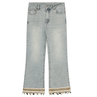 白鹿语花边拼接八分微喇裤25夏新款气质高腰修身显瘦个性牛仔裤