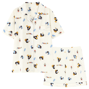 夏季pingu企鹅睡衣女夏天短袖薄款纯棉可爱开衫宽松家居服松弛感