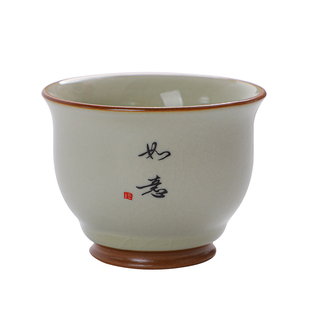 米黄汝窑主人杯单杯个人喝茶大号茶杯开片可养百家姓定制logo礼盒