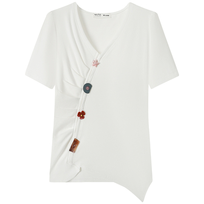 慕兔韩系压褶v领短袖t恤