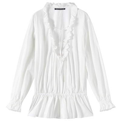 宫廷感荷叶边抽皱衬衫