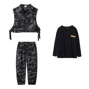 儿童街舞套装男童嘻哈迷彩马甲裤子卫衣三件套潮服女童爵士演出服