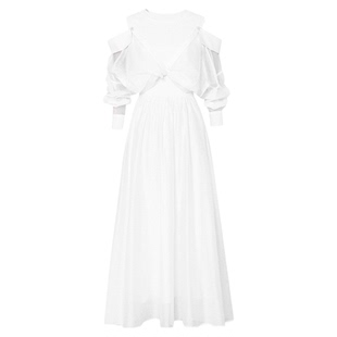 秋季女装2025新款气质白色露肩长袖收腰显瘦衬衫连衣裙长裙裙子女