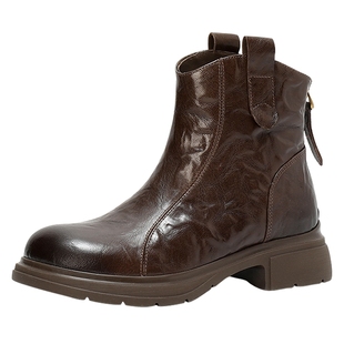 森达休闲靴女2025冬季新款羊皮抓纹做旧潮流休闲短皮靴ZTI08DD5