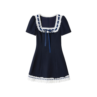 【鲸落星野】Uena藏青色条纹蕾丝花边方领泡泡袖A字收腰连衣裙女