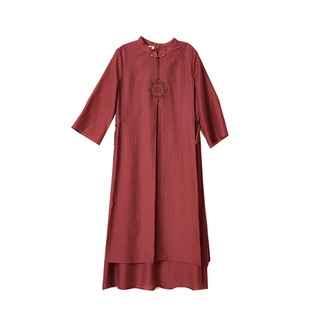 布符新款夏季新中式立领九分袖禅意旗袍对称刺绣民国风女装