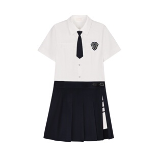 乖乖坏坏 毕业季/夏季学院风条纹真两件拼接百褶翻领显瘦女连衣裙