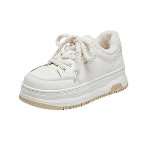 百丽厚底百搭高帮小白鞋鞋女款冬季新款棉鞋加绒休闲板鞋E6R1DDM5